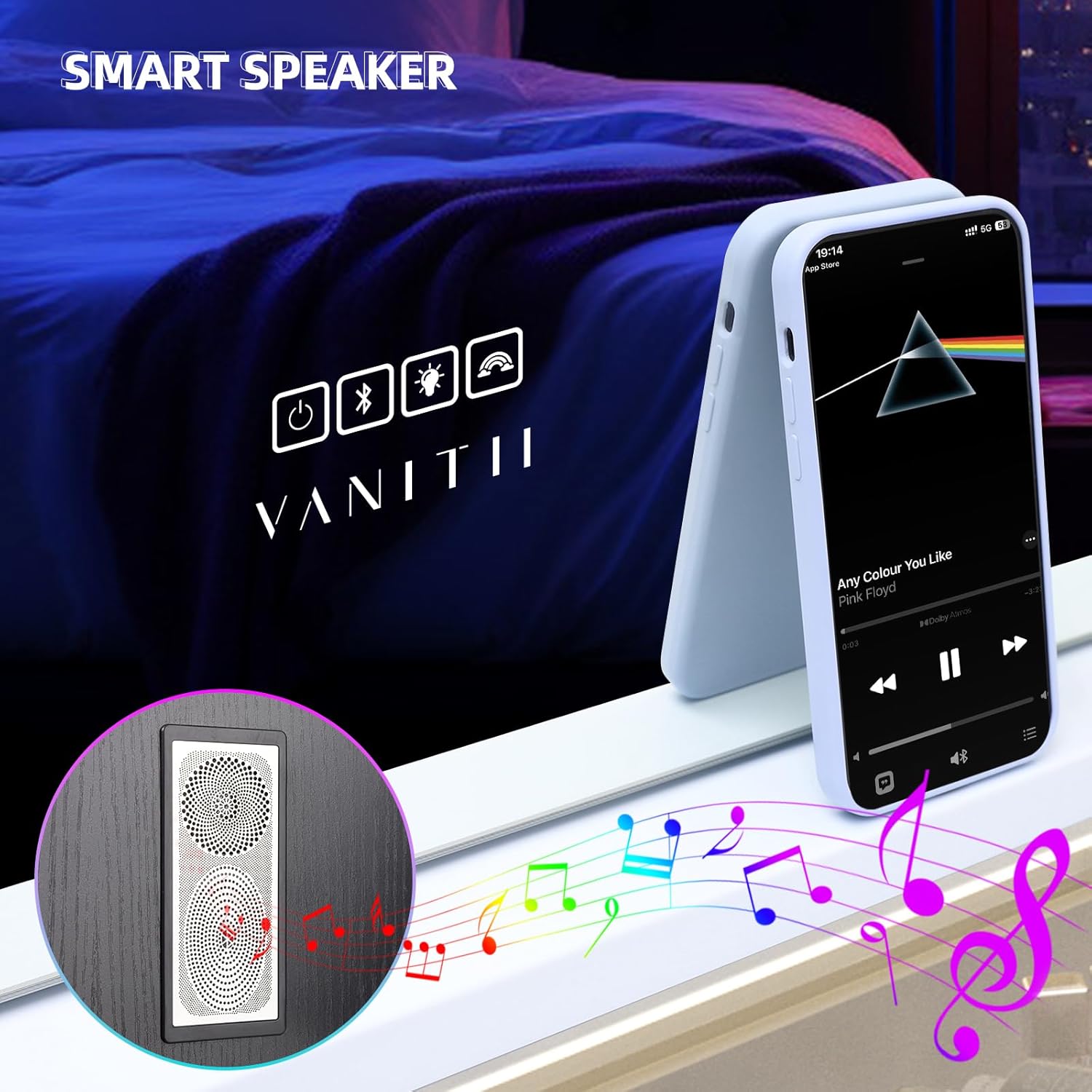 VANITII Large Vanity Mirror with RGB Lights 40"x32" Hollywood Mirror with Lights and Speaker Lighted Makeup Mirror with 20 LED Bulbs Dimmable Smart Touch Mirror for Desktop Wall-Mount