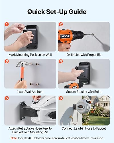 VEVOR Retractable Hose Reel, 82 ft x 1/2 inch, 180° Swivel Bracket Wall-Mounted, Garden Water Hose Reel with 9-Pattern Nozzle and 3 Fast Adaptors, Automatic Rewind, Lock at Any Length - 8
