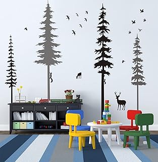 Pine Tree Wall Decals Woodland Vinyl Wall Sticker Forest Wall Decals with Animal Wall Stickers Squirrels Deers Wall Stickers for Kids Nursery Children Room Living Room Wall Decoration (Grey,Black)