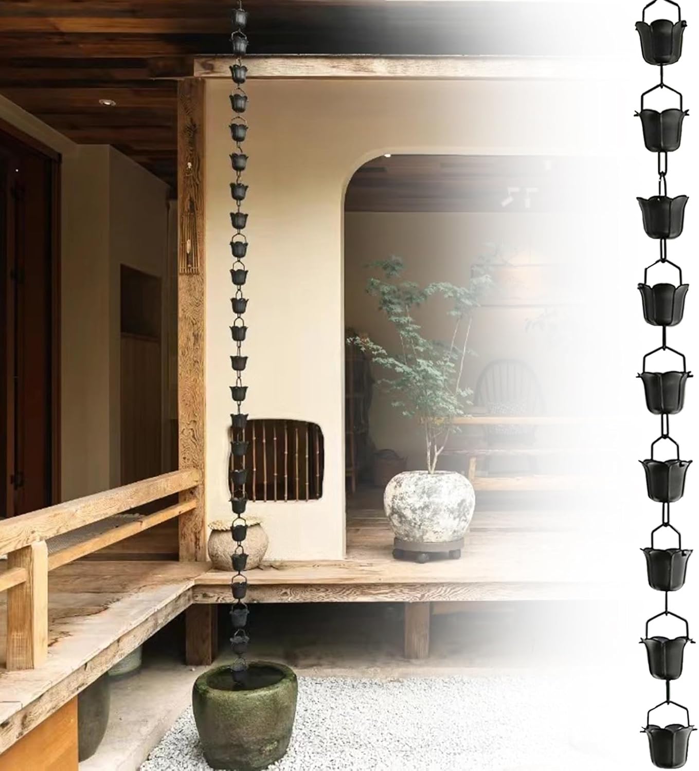 Patio Hanging Rain Chains Kit, Flower Rain Chain Cups Home Outdoor Decoration, Rainwater Collector Waterfall for Gutters, Easy to Install (5m (16.4ft))