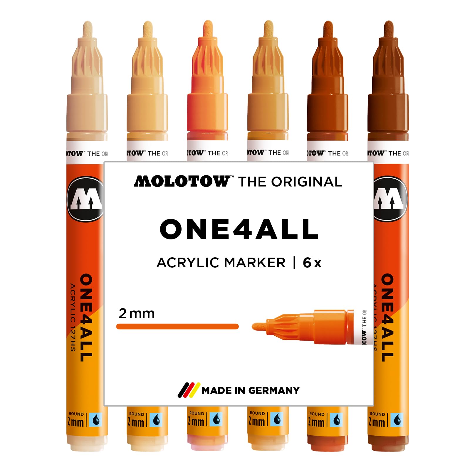 Molotow One4All 127HS Acryl Marker Wood Set (2,0 mm Strichstärke, hochdeckend und permanent, schnell trocknend, nachfüllbar, für fast alle Untergründe) 6 Stück sortiert