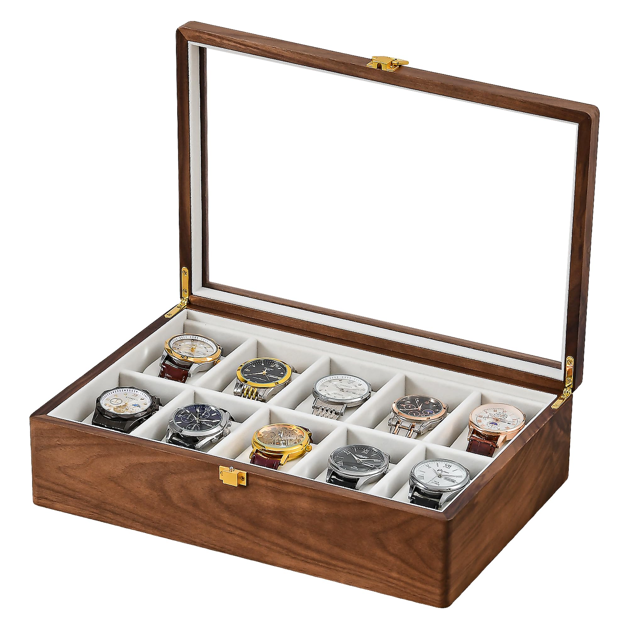 Black Walnut Watch Box, 10 Slot Wooden Watch Organizer Display Case for Men