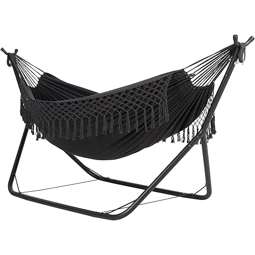 ANOW 2 Person Hammock with Stand Included, Space Saving Heavy-Duty Hammock Stand with Adjustable Height for Indoor Outdoor Patio, 475 Lbs Capacity, Dark Gray with Tassels