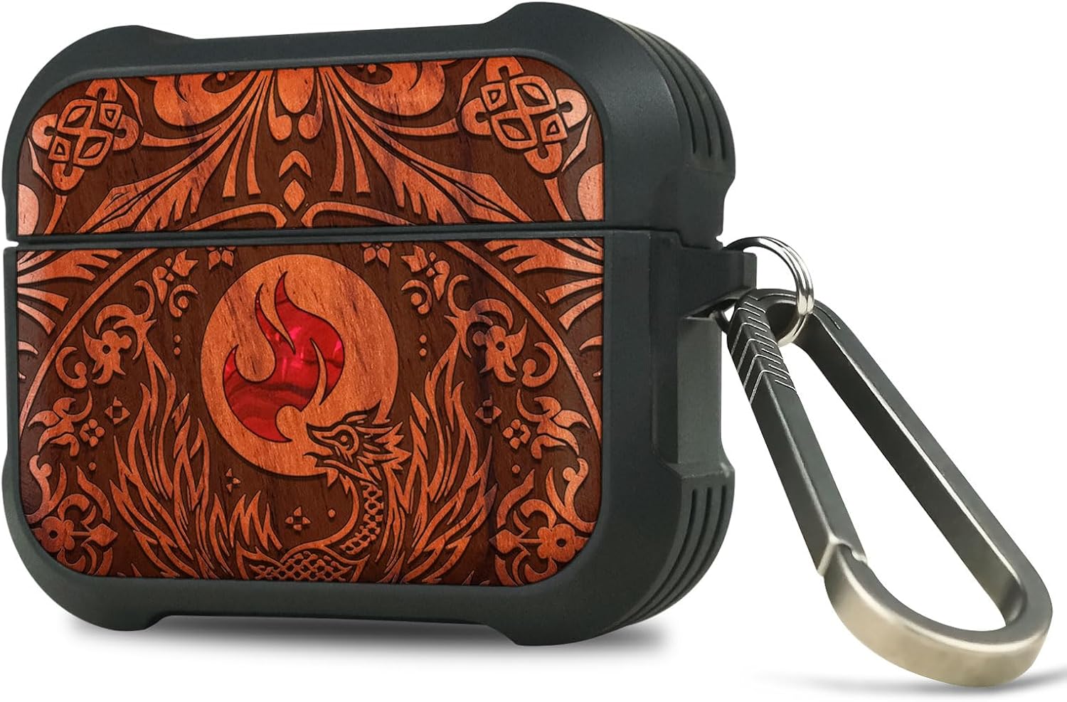 Carveit Wooden Case for AirPods Pro 2nd/1st Gen Case, Wood Artistic Engraved & Handmade Shell Inlay, TPU Shockproof Cover, Titanium Quick Released Clasp (Phoenix in Symmetry) Rosy