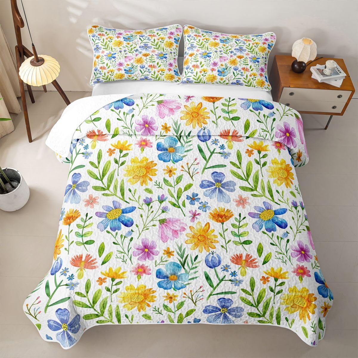 Feelyou Floral 2 Piece Quilt Set Twin Colorful Flower Bedding Set Microfiber Lightweight Cottage Pastoral Style Bedspread Coverlet with 1 Pillowcase Bed Covers for All Season