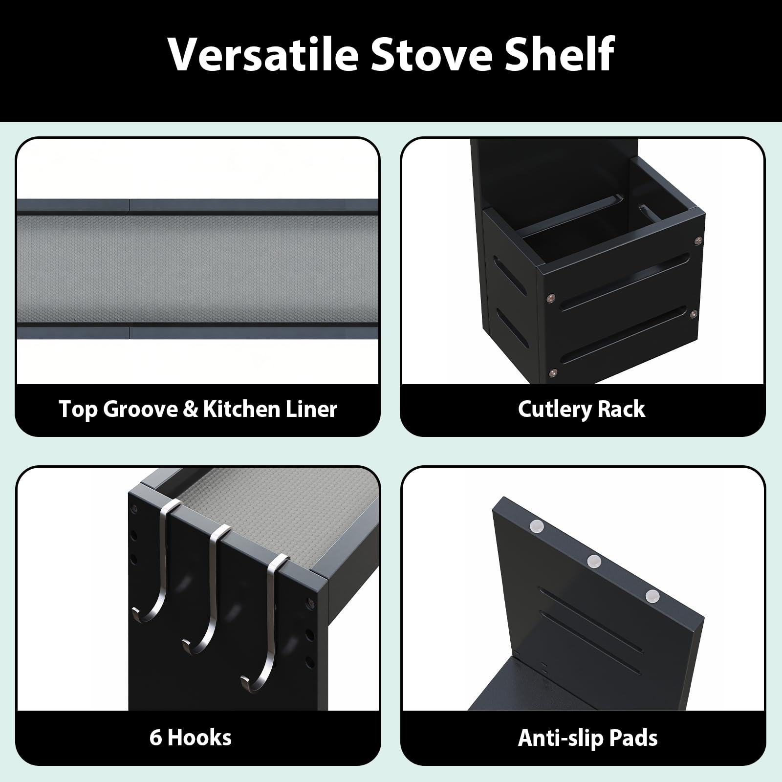 Bamboo Stove Top Spice Rack Organizer, Over The Stove Shelf 31 in Countertop Storage with Utensil Holder, 6 Hooks, Fit Stove, Kitchen Counter, Stove Top Shelf for Spice, Jar, Cooking Tool Black - 5