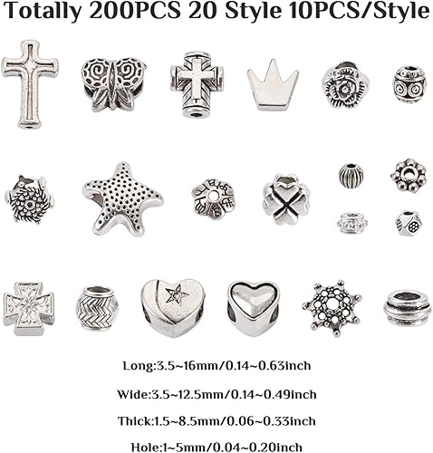 Miniatura 2 de Pandahall 200 cuentas espaciadoras de aleación de estilo tibetano mixto, surtidas de metal plateado antiguo, cuentas sueltas de cruz de corona de