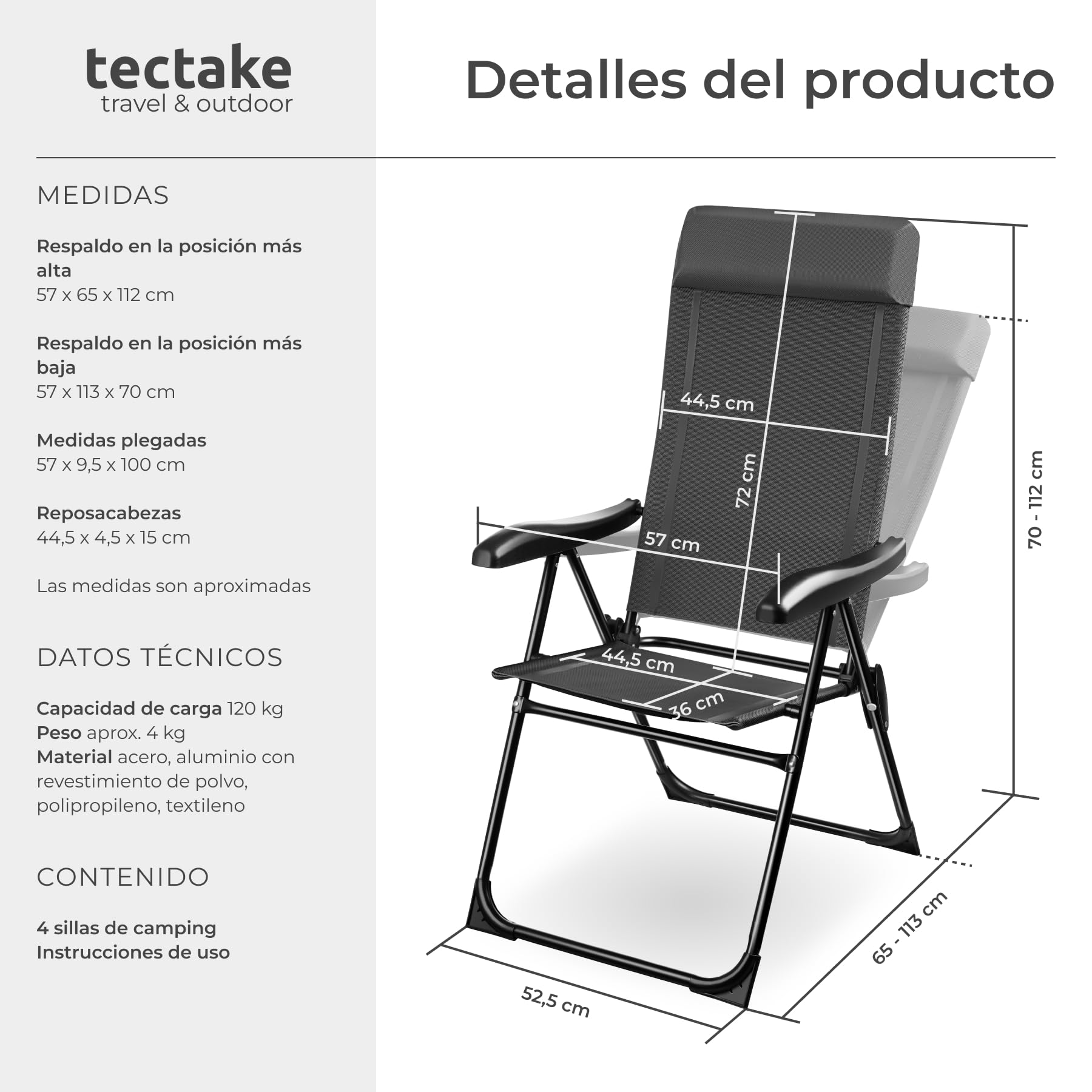 tectake® Silla de Camping Plegable de Aluminio, Respaldo Ajustable 7 Posiciones, Tejido Transpirable, Reposabrazos Ergonómicos, Cojín Extraíble, Pies Antideslizantes, Ideal Acampada y Playa - 4 sillas