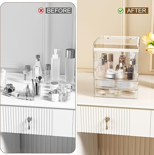Miniatura 5 de GearFusion Organizador de cosméticos transparente de 3 niveles, vitrina de maquillaje con tapa y cajones, caja de almacenamiento de tocador, soporte
