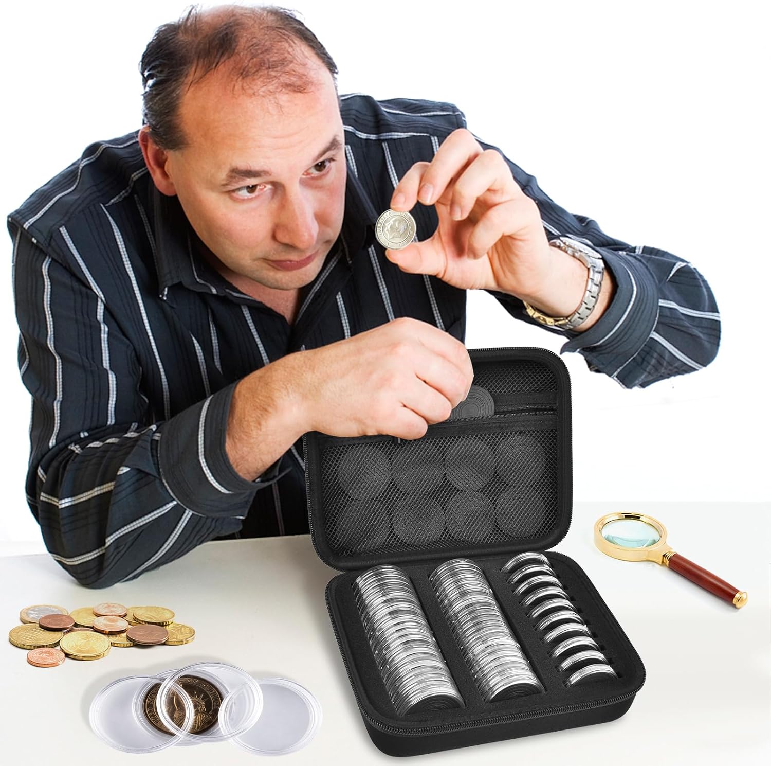 GWCASE 52 Pieces 46mm Coin Capsules with 6 Sizes (20/25/ 27/30/ 38/ 46mm), Collector Case with Foam Gasket and Plastic Storage Organizer for Coin Collection Supplies (Box Only) - Black Inner