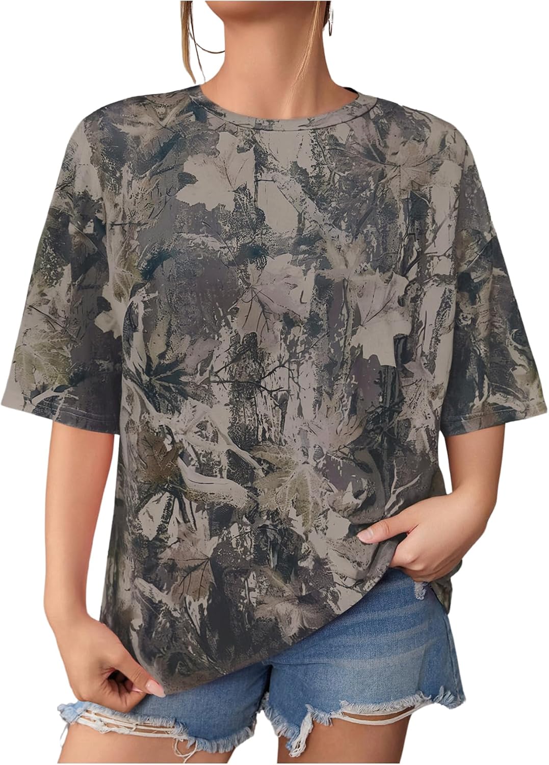 SOLY HUX Women's Camo Print T Shirts Loose Short Sleeve Crew Neck Drop Shoulder Tee Tops Streetwear