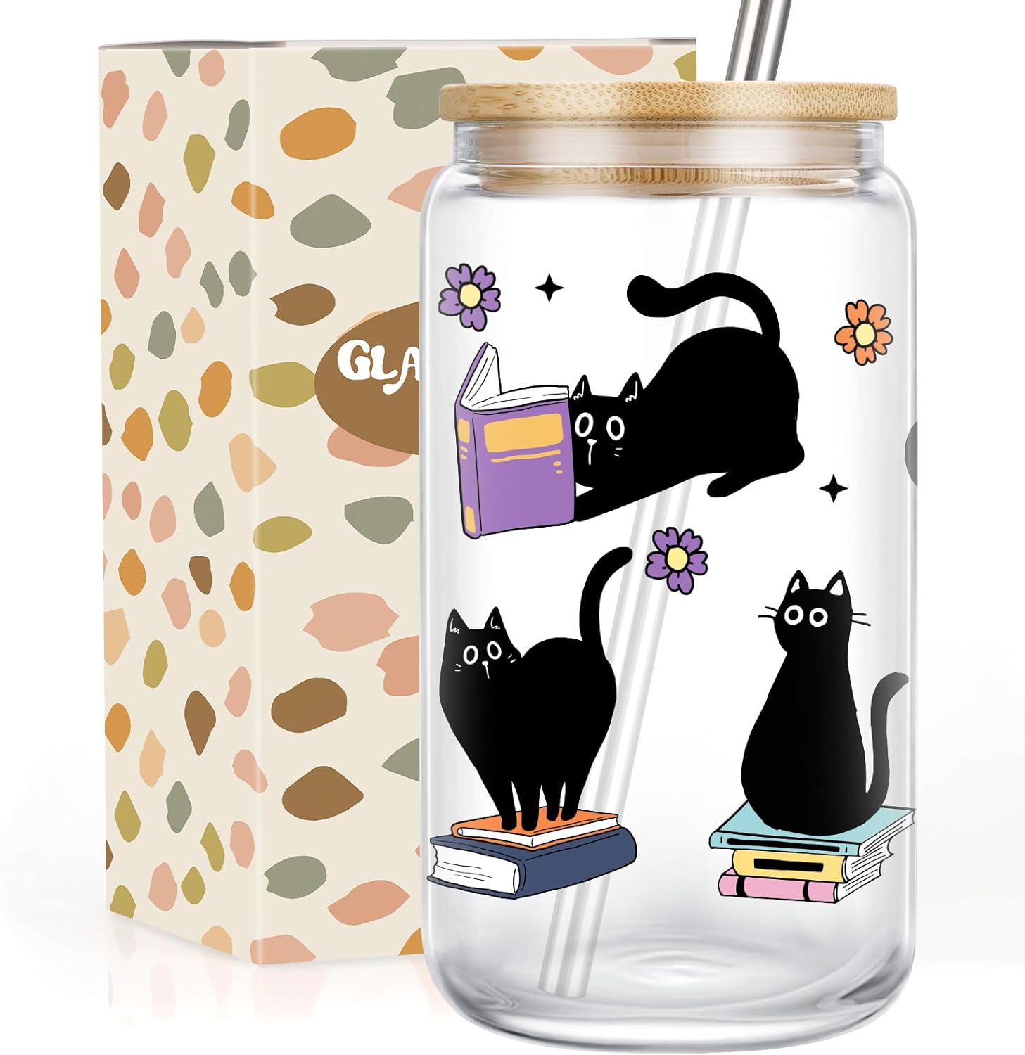 GSPY Black Cat Glass Cup, Funny Gifts for Cat Lovers & Book Lovers, Cute 16 oz Cat Themed Iced Coffee Cups - Bookish, Reader Tumbler Mug - Valentines Day, Bday, Book, Reading Gifts for Women, Men, Her