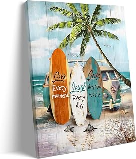 Bathroom Canvas Wall Art Decor Framed Painting - 8X10 inch Inspirational Beach Surfboard Canvas Artwork, Ocean Scene Oil Painting, Coastal Wall Decor for Living Room Bathroom, Picture Print