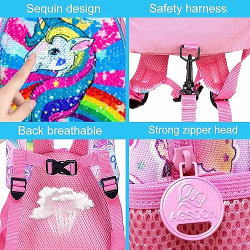 Miniatura 7 de AGSDON Mochila para niños pequeños con correa, correas de seguridad para bebés de 9.5 pulgadas, con correa extraíble, sirena, unicornio, dinosaurio,