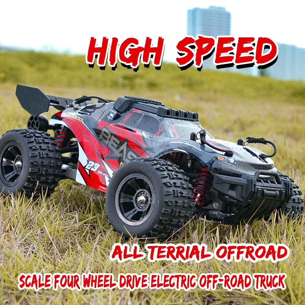 Ledovan 60 km/u borstelloze op afstand bestuurde auto, 1/18 RC offroad truck all-terrain voor volwassenen, 2,4 GHz hoge snelheid, snelle RC-auto's, waterdicht, 3 batterijen, rood