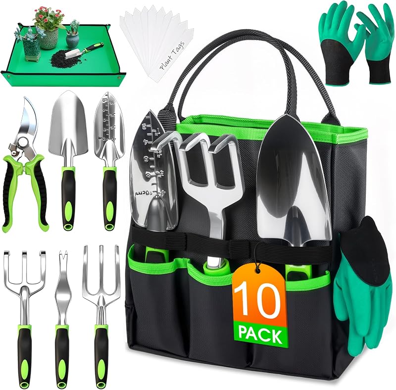 WOWBOX Garden Tools Set, 10 PCS Heavy Duty Gardening Hand Tools Kit, Green | Gardening Tool Set with Storage Tote, Rust-Resistant Gardening Supplies with Non-Slip Ergonomic Handle for Women and Men