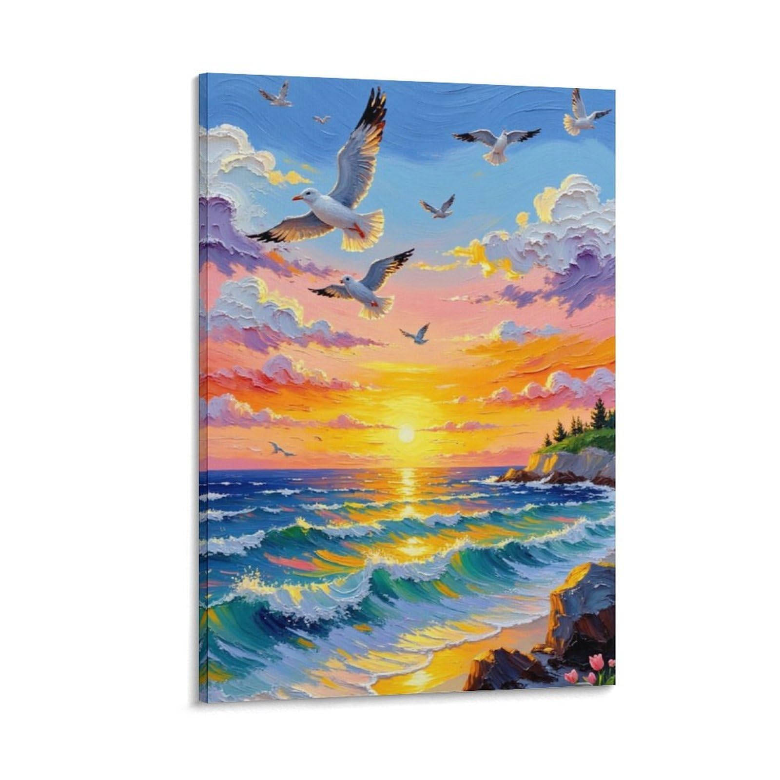 IEJKLUVWX Seagull Ocean Sunset Wall Posters Coastal Sunset Fade-Resistant Moisture Resistant High Definition for Bathroom Living Room Housewarming Gift Original 16x24inch(40x60cm)