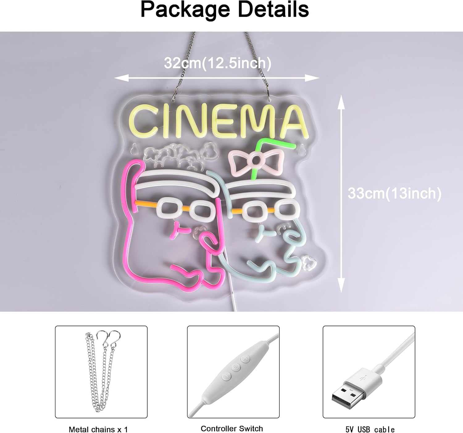 Cinema Neon Sign, Neon Lights Hanging Wall Art Decoration for Commercial&Home Theater Cinema Movie Film Room, USB Powered Ultra Bright Dimmable, 13 * 12.6 inches