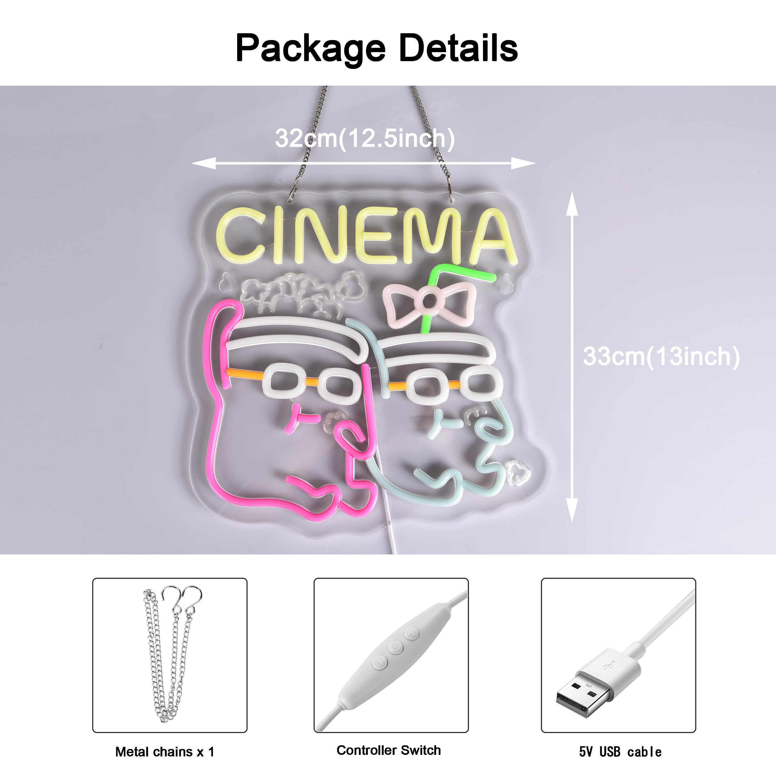 Insegna al neon, luci al neon da appendere, decorazione artistica da parete per pubblicità e home theater, cinema, cinema, cinema, alimentazione USB, ultra luminosa, dimmerabile, 33 x 32 cm