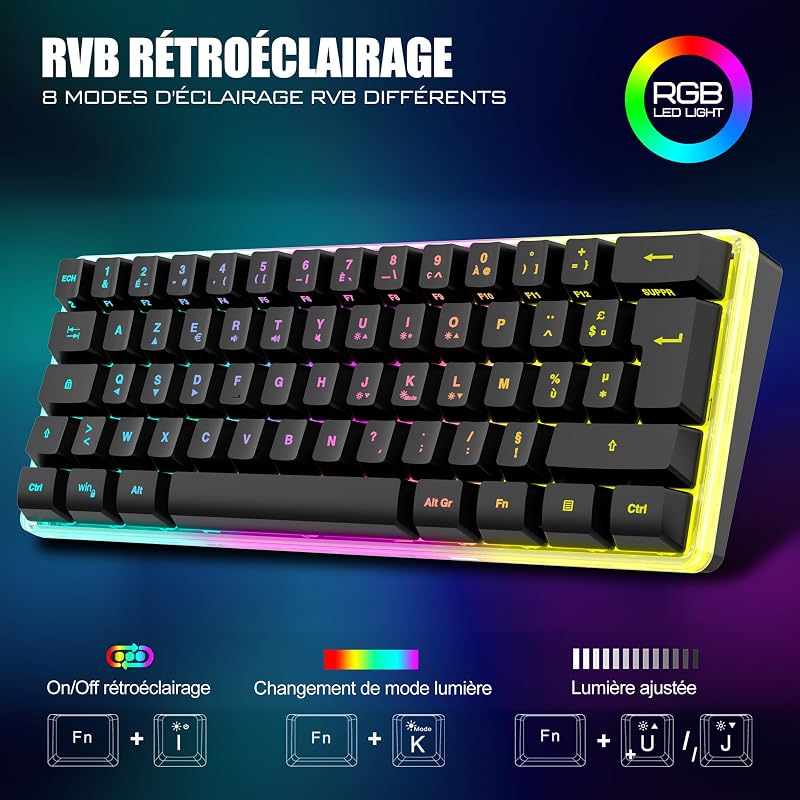 RedThunder K62 60% Vezeték Nélküli Gaming Billentyűzet és Egér Szett - RGB Háttérvilágítás, 62 Gombos Mini Billentyűzet, Optikai Egér, PC PS
