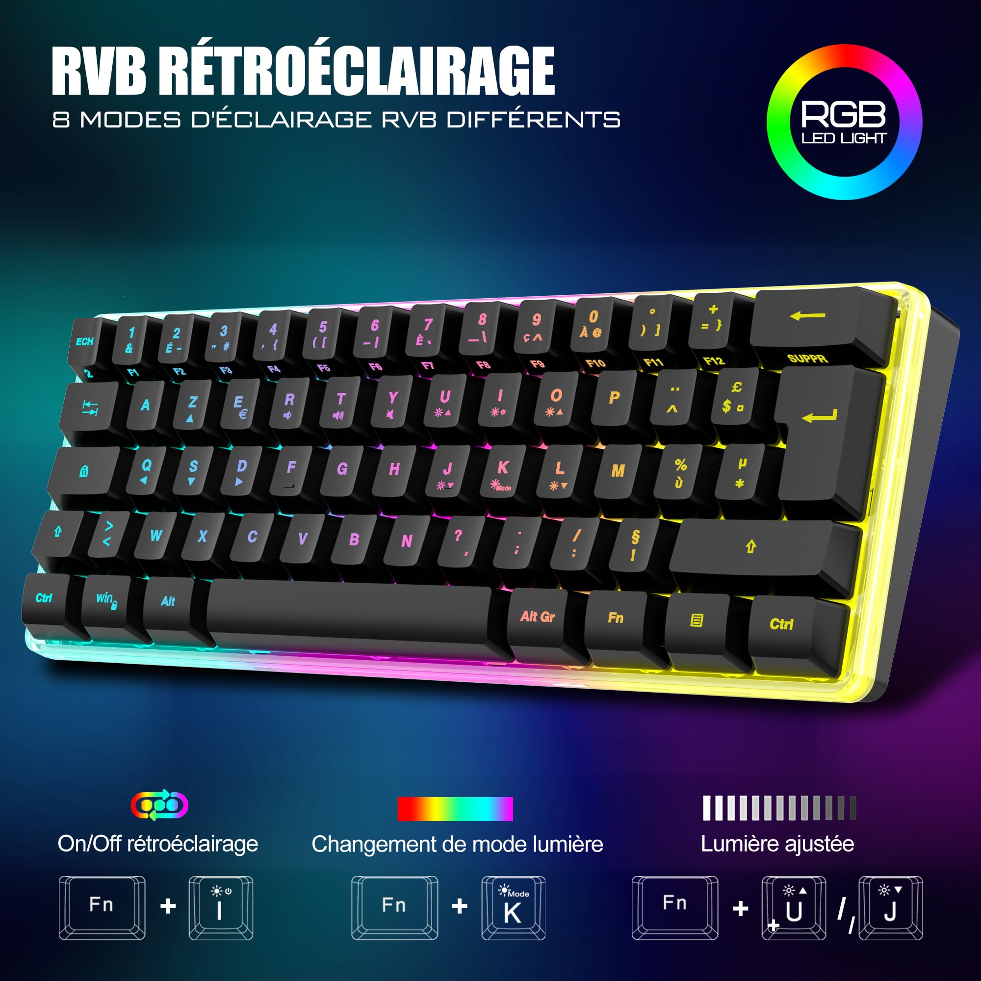 RedThunder K62 60% Clavier et Souris de Jeu sans Fil RVB，AZERTY FRANÇAIS 62 Touches Mini-Clavier Rétroéclairé Ultra-Compact，Souris Optique Cellulaire Légère，kit Portable pour PC PS5 Xbox Gamers(Noir)