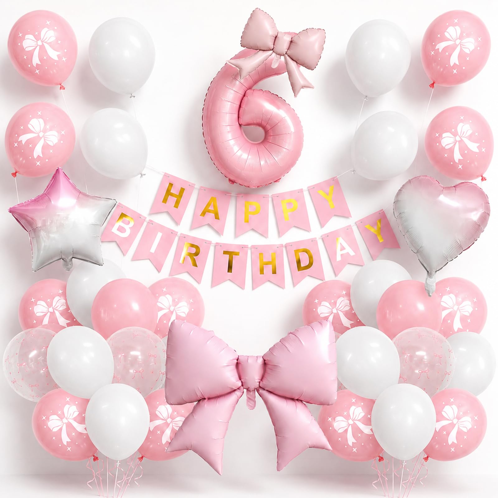 6th Birthday Decorations for Girls Pink Bow, Giant Bows Balloon Number 6