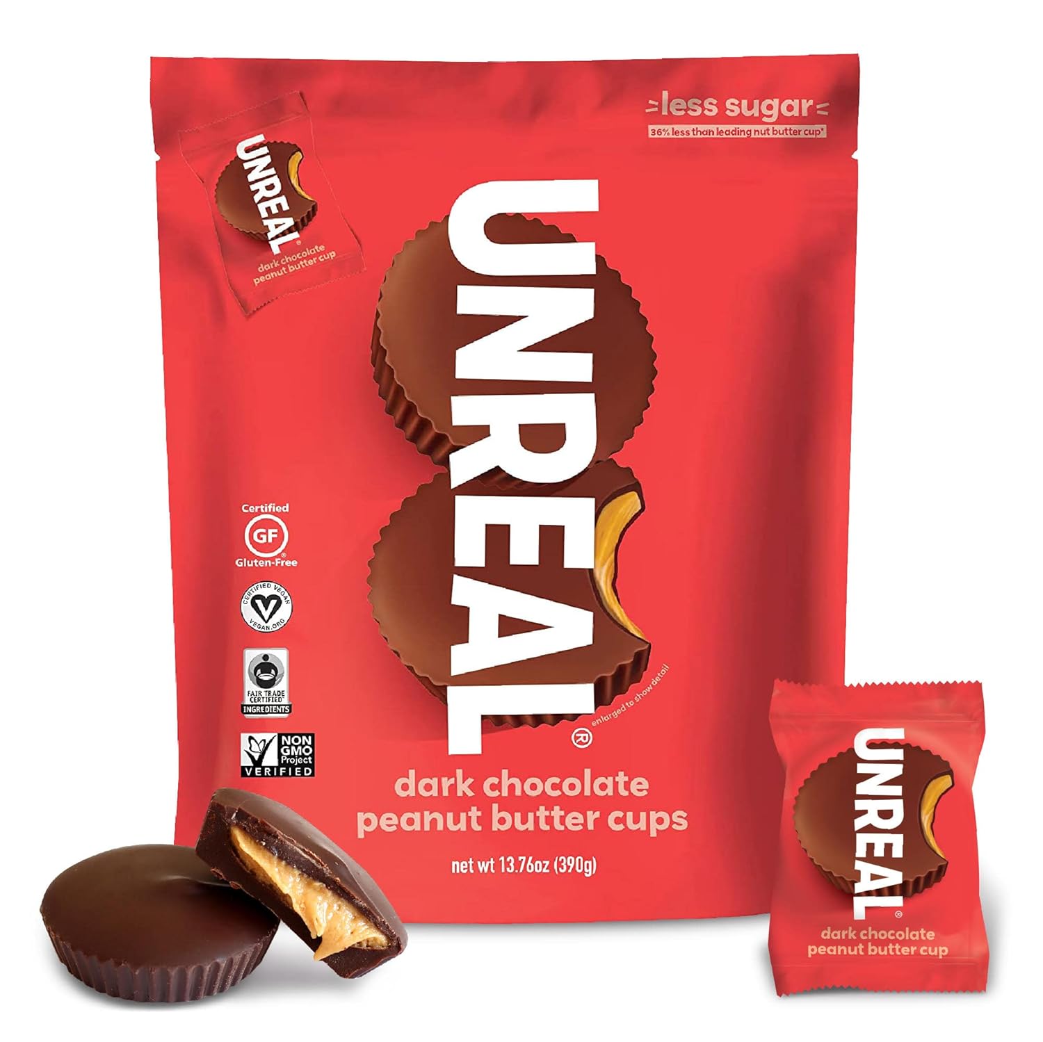 UNREAL Dark Chocolate Peanut Butter Cups| 5g Sugar | Certified Vegan, Gluten Free, Fair Trade, Non-GMO | No Sugar Alcohols or Soy | 13.75 oz Bag