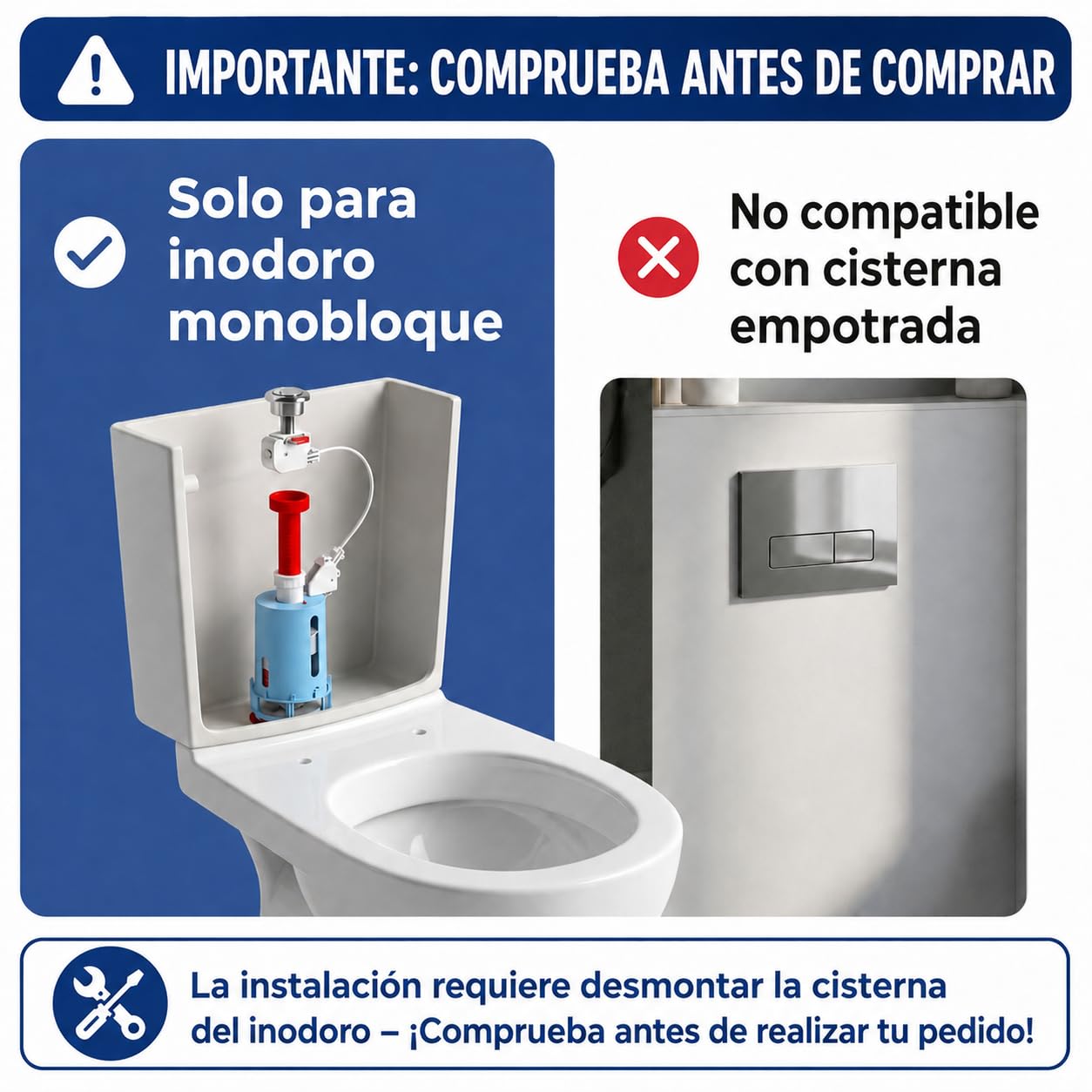 YOSSEE Descargador Cisterna Universal, Mecanismo de Descarga Cisterna WC | Doble Descarga 3/6 L, con Cable y Doble Pulsador Cromados