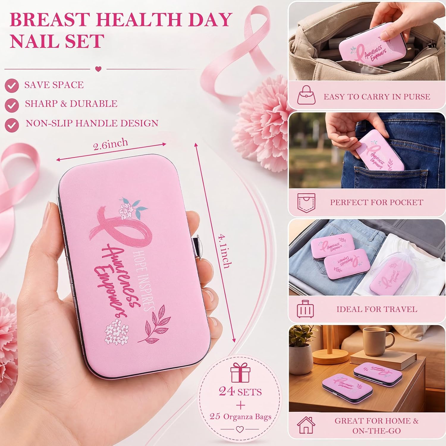 24 Pack Breast Cancer Awareness Manicure Set Gifts for Women