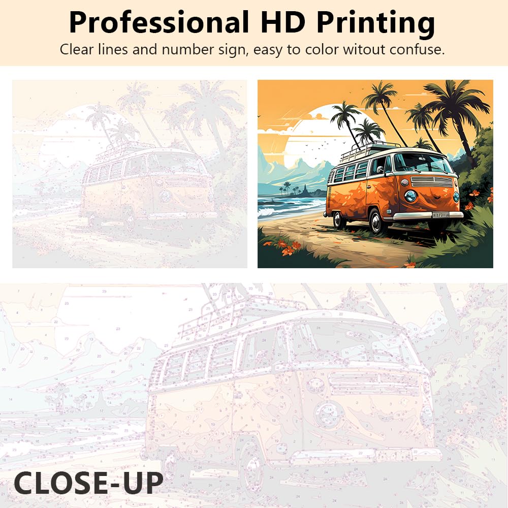 TISHIRON Peinture par numéros pour adultes - Voiture sur la plage - Adultes - Peinture par numéros - Bus de voyage - Coucher de soleil - Paysage - Peinture par numéros avec pinceaux - Peinture à