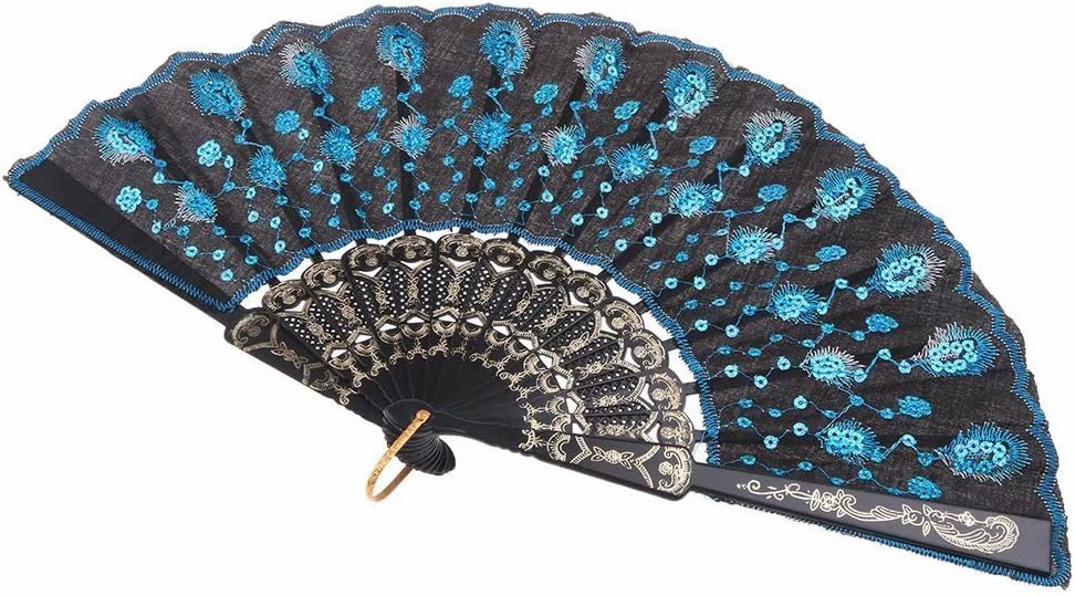 Embroidered Flower Pattern Black Cloth Folding Hand Fan