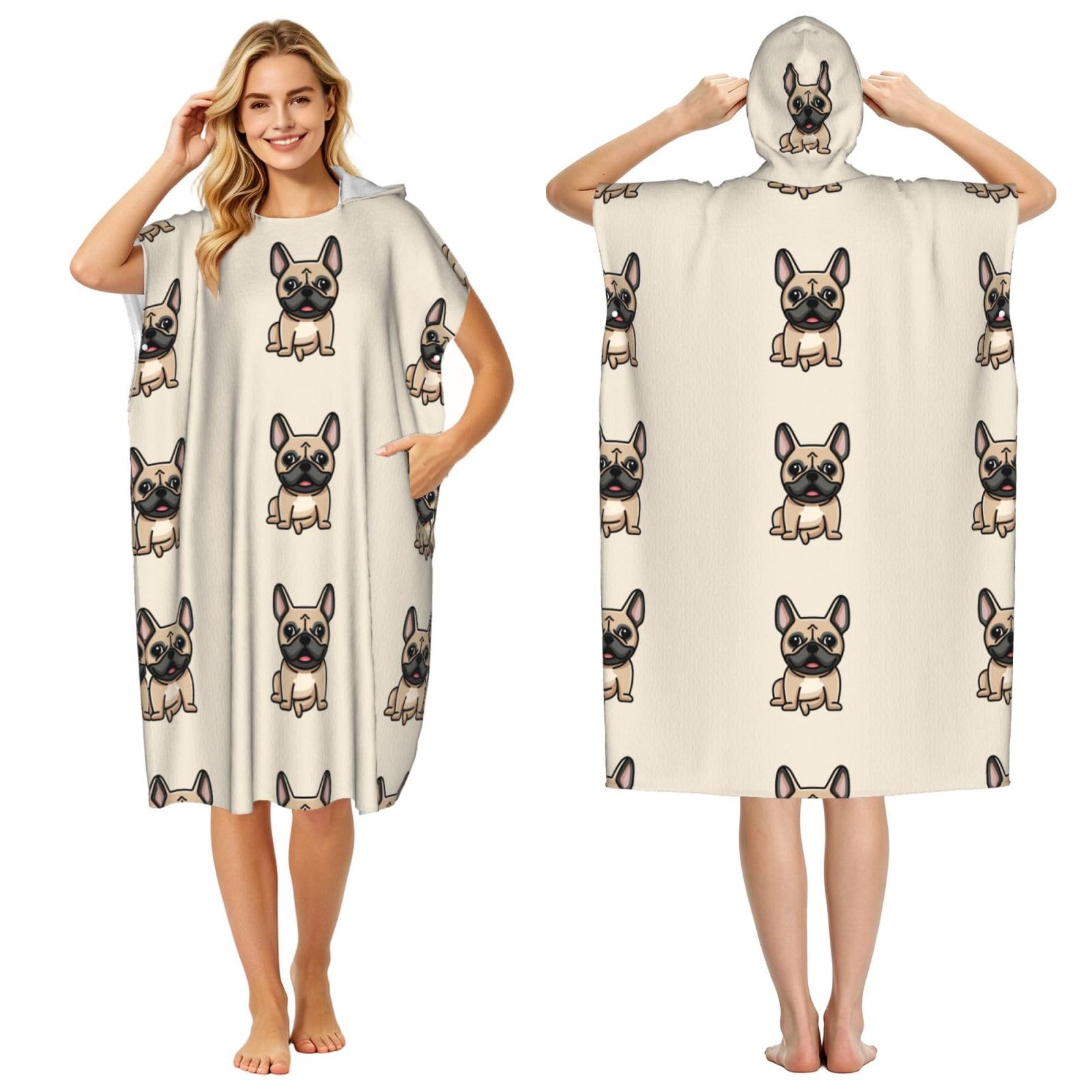 Poadnly French Bulldog, Adult Hooded Beach Towel 90 x 110 cm,Changing Bath Robe, Surf Poncho Towel For Women Men