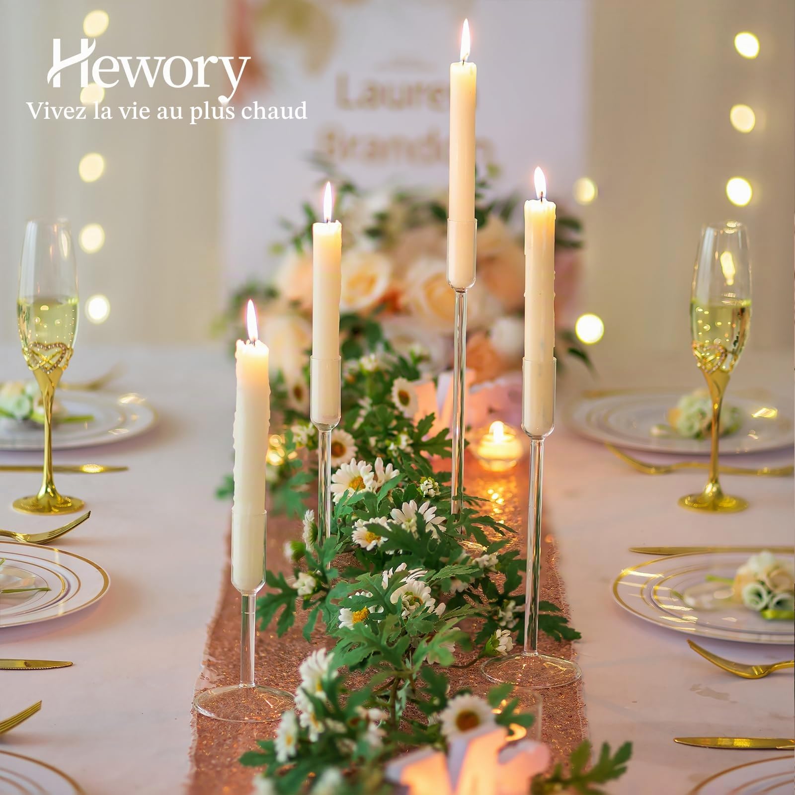 Porte-bougies Hewory - 12 pièces en verre transparent pour bougies effilées - Porte-bougies en verre pour pièces maîtresses de table - Décoration de mariage, fête, maison