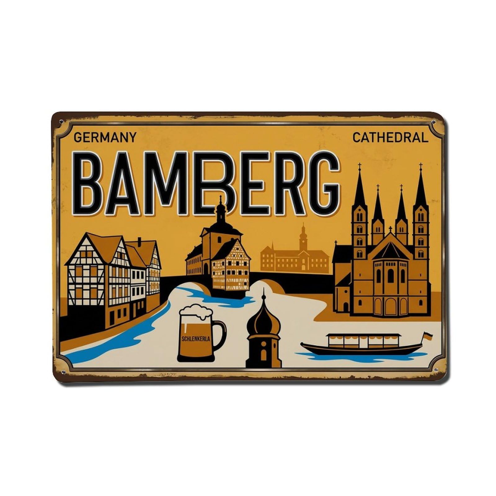 Cxhjca 8X12inch(20X30cm) Vintage Travel Bamberg Cathedral Bridge Smoke Metal Tin Sign