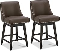 CHITA Swivel Counter Height Bar Stools Set of 2, 26" Upholstered Faux Leather Chocolate, Nailhead Trim Wood Legs for Kitchen Island