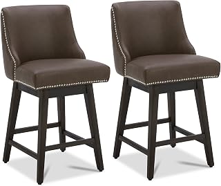 CHITA Swivel Counter Height Bar Stools Set of 2, 26" Upholstered Faux Leather Chocolate, Nailhead Trim Wood Legs for Kitchen Island