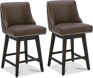 CHITA Counter Height Swivel Bar Stools Set of 2, FSC Certified Upholstered Counter Stools, Modern Swivel Barstools with Wood Legs for Kitchen Island, 26" Seat Height, Faux Leather in Chocolate