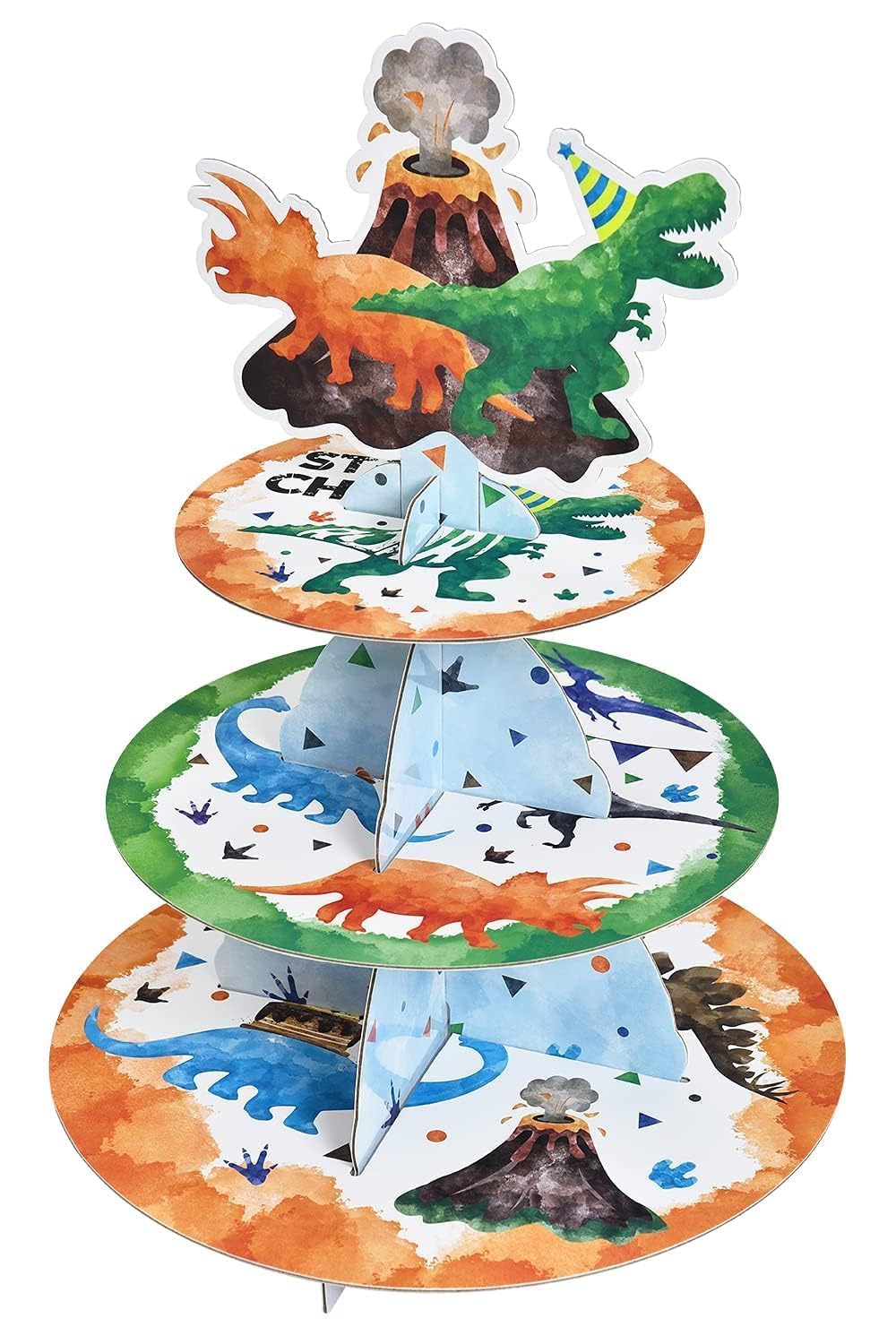 WERNNSAI 3 Tier Dinosaur Cupcake Stand - Dinosaur Birthday Party Decorations for Kids Boys Dino Cupcake Holder Round Cardboard Serving Tray Dessert Tower for Dino Birthday Baby Shower Party Supplies