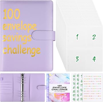 100 Envelopes Money Saving Challenge Binder with Cash Envelopes Pouches and Amount Sticker PU Leather Storage Budget Planner Financial Challenge Savings Account Notebook to Save $5,050 Purple & Gold