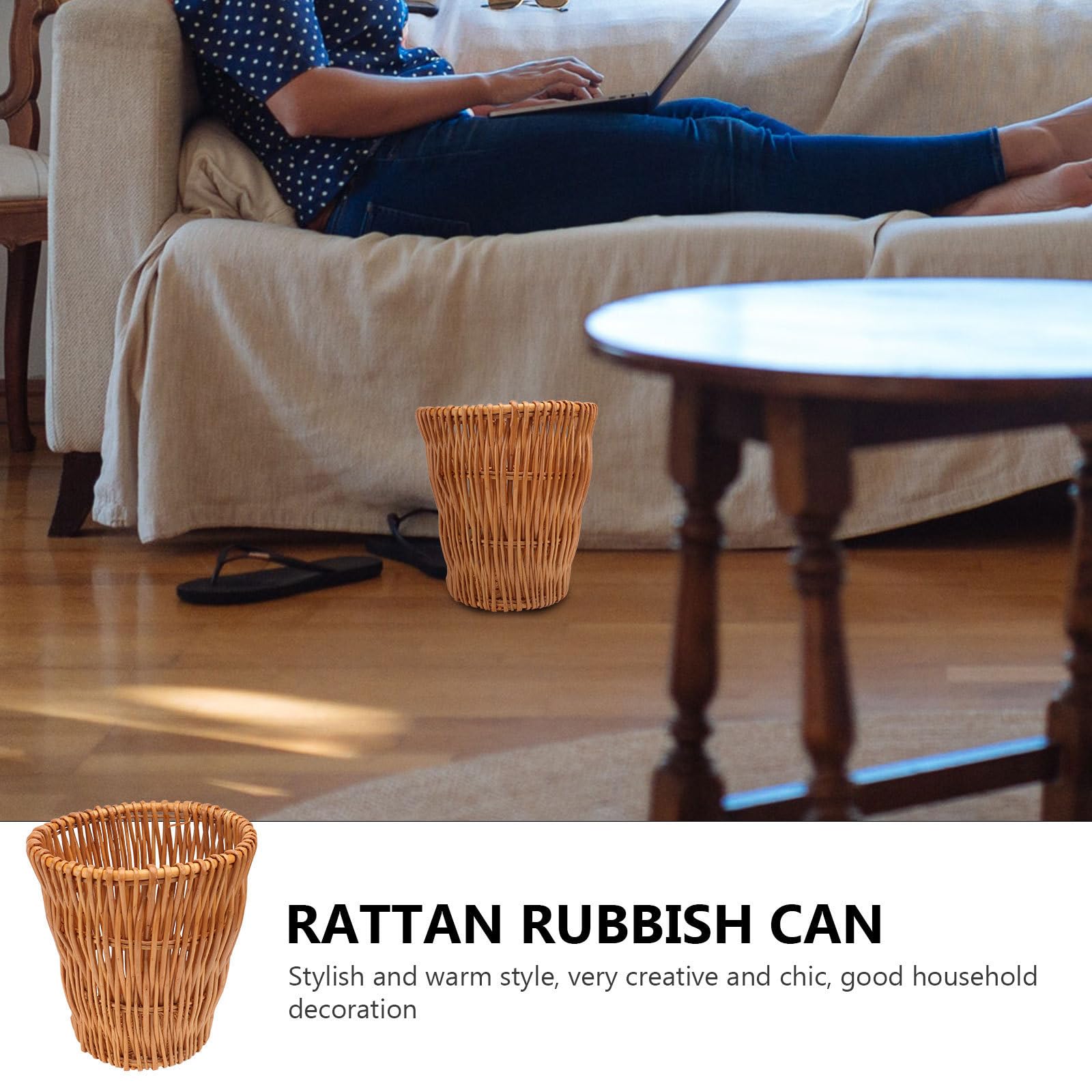 Genérico Cubo de Basura de Mimbre Beige Multiusos para Baño y Cocina, Fácil de Usar, Diseño Delicado y Aspecto Elegante para Almacenamiento Ecológico