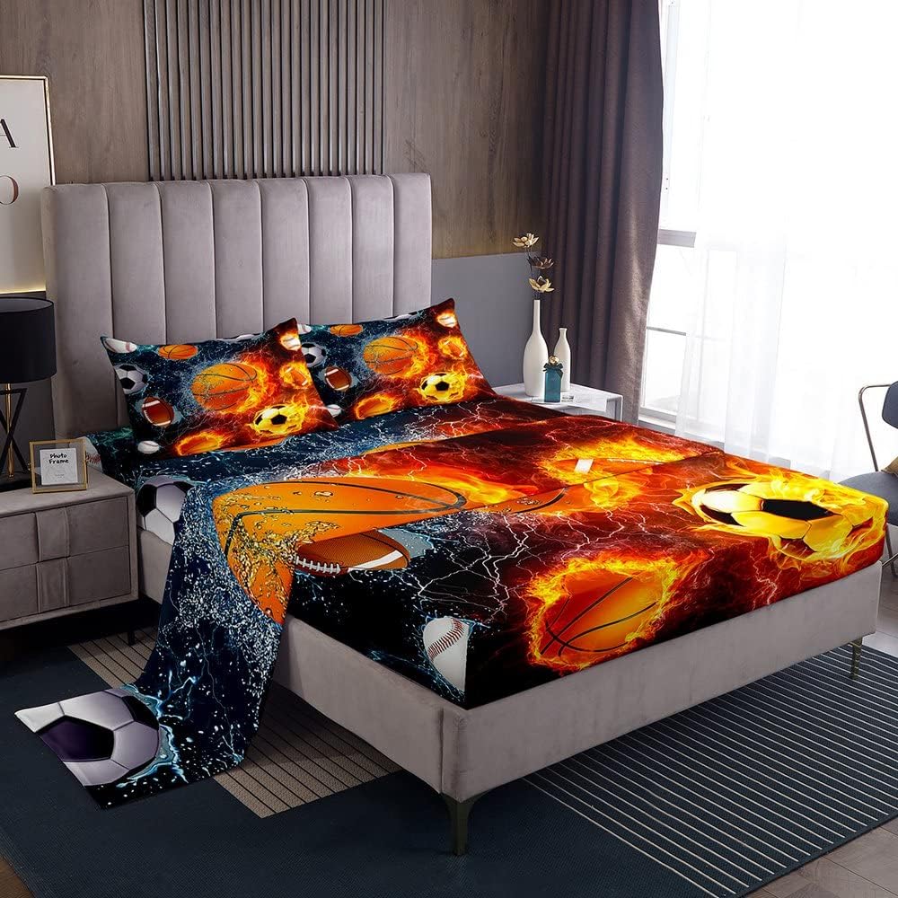 3D Flame Ball Print Bedding Sheet for Girls Boys Children Sports Theme Fire Water Bedding Set Decorative 3D Ball Pattern Bed Sheets Competitive Games Bed Sheet Set Twin Size 3Pcs Multi 91 Tw
