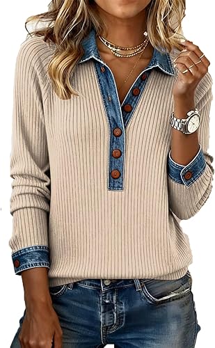 Womens Waffle Knit Top with Denim Collar Cuffs Button Long Sleeve Pullovers