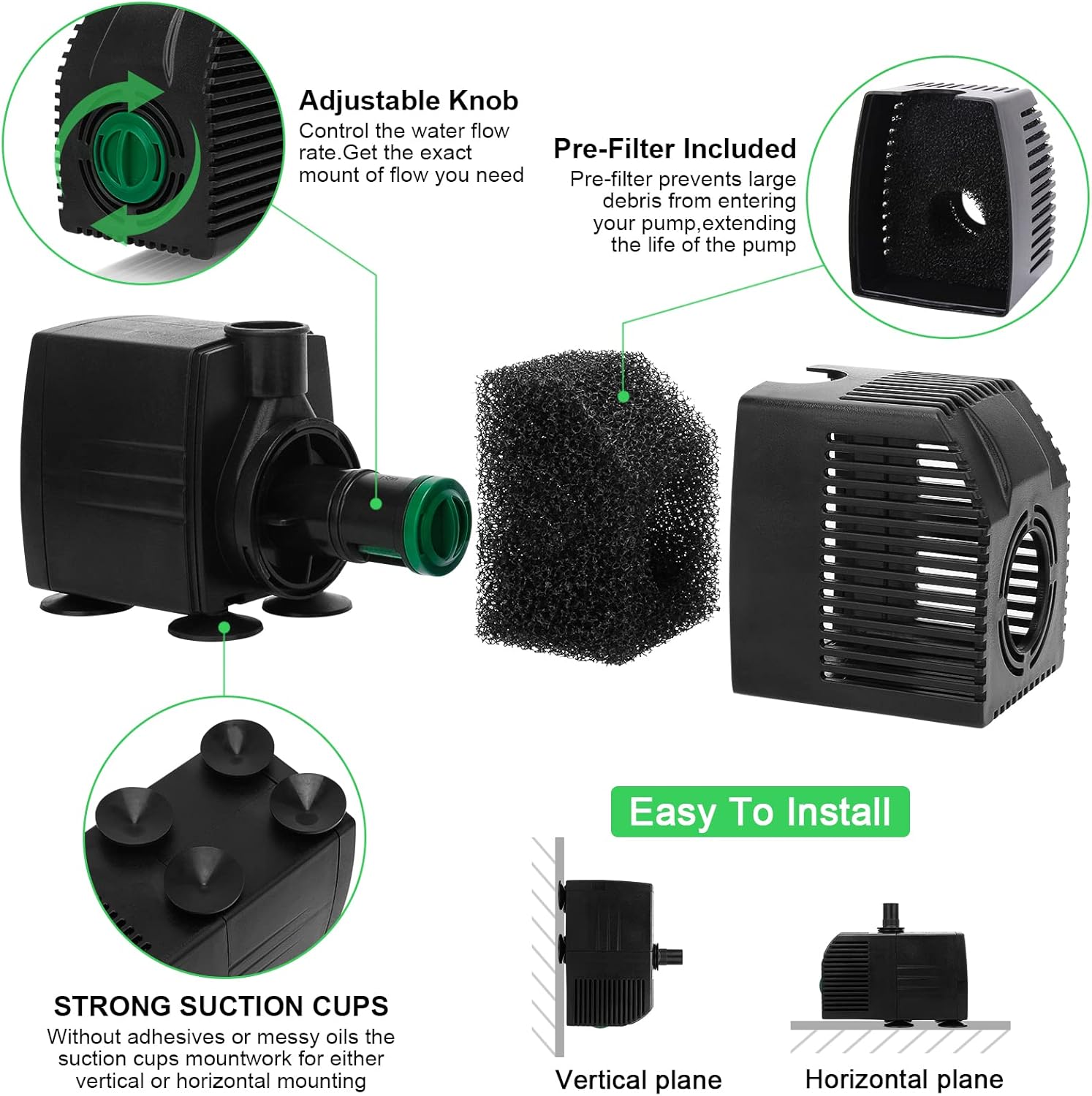 BARST Submersible Water Pump,800GPH Pond Pump with 16.5ft Power Cord, Aquarium Pump Fountain Pump with 3 Nozzles & Pre-Filter Screen for Fish Koi Tank,Outdoor, Hydroponics(3000L/H,60W)