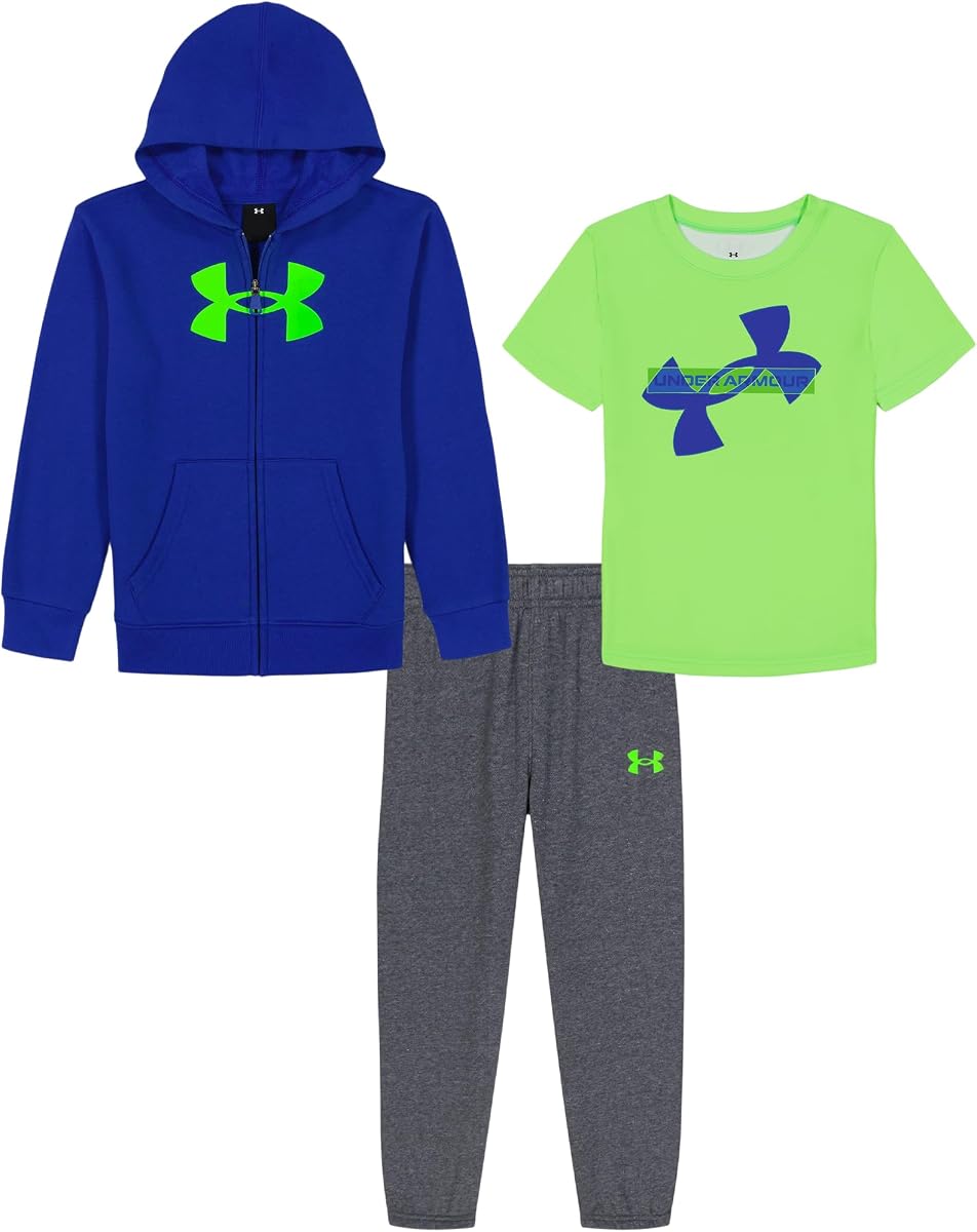 Under Armour Conjunto de forro polar de 3 piezas para niño, sudadera con capucha con cremallera completa, pantalones deportivos y camiseta de manga corta