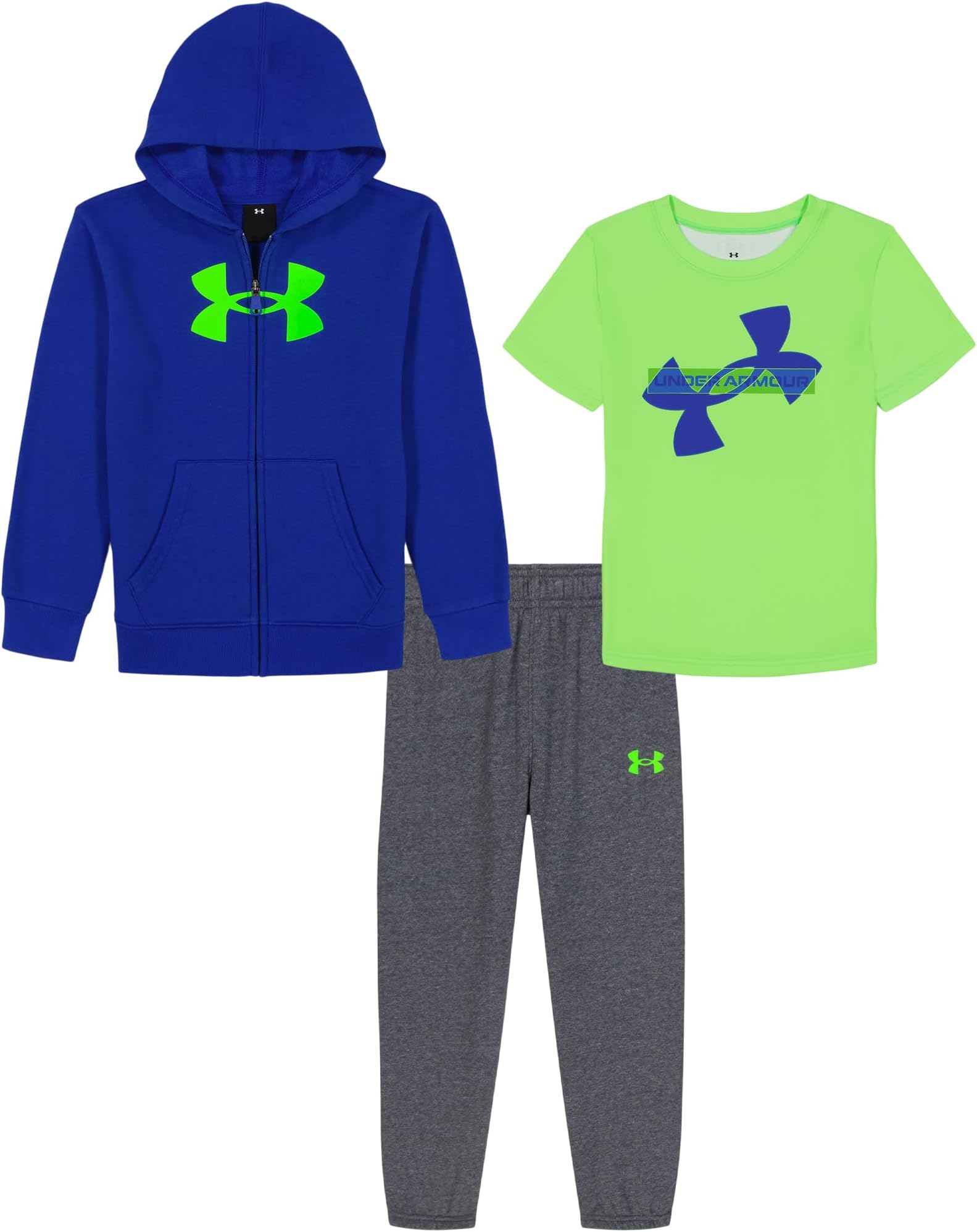 boys 3-piece Fleece Set, Full Zip Hoodie Sweatshirt, Jogger Pants, and Short Sleeve T-shirt