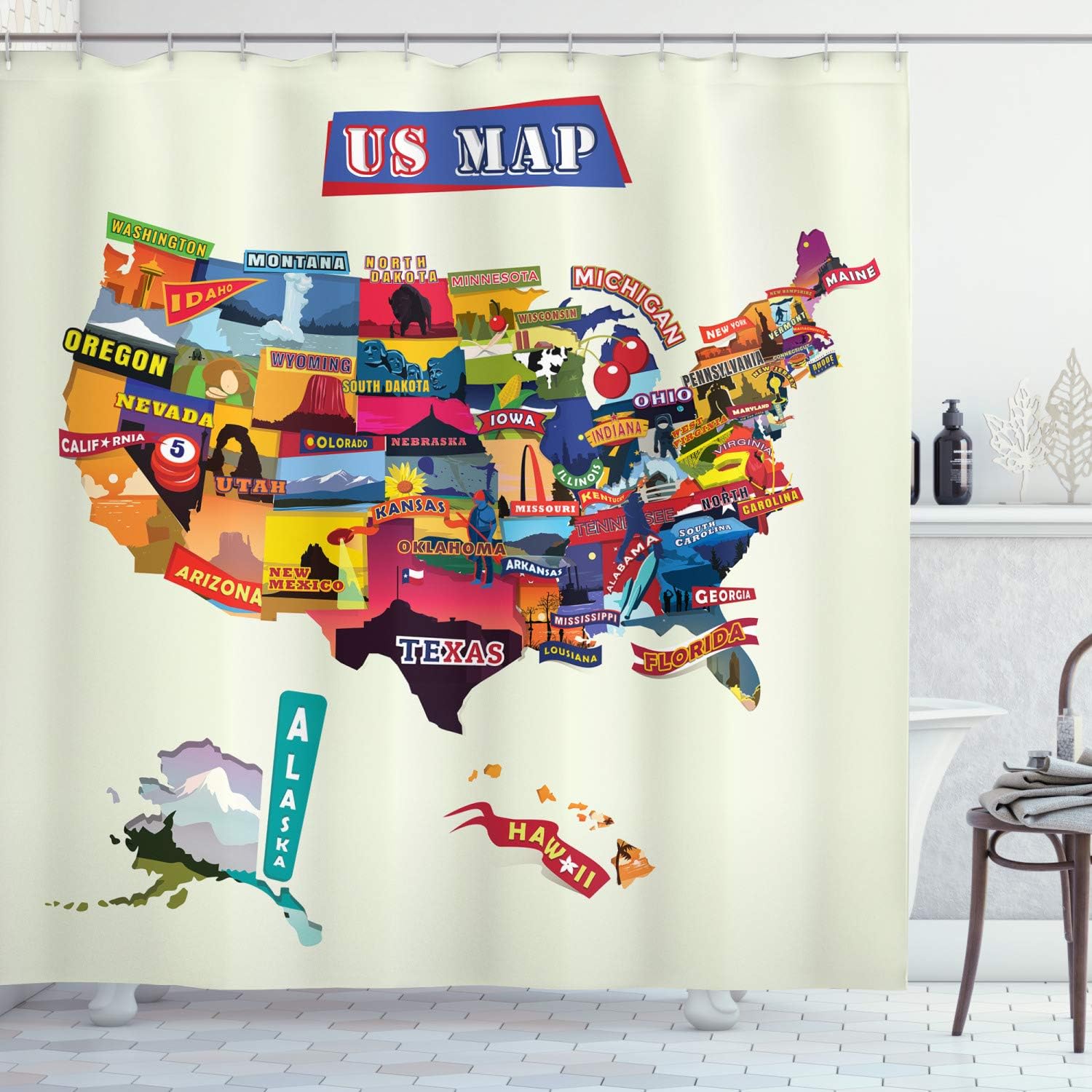 Ambesonne Map Print Shower Curtain, US Map Seashore and Sunflowers Tourist Attractions Jersey Cow Milk Corn Field, Cloth Fabric Bathroom Decor Set with Hooks, 69" W x 84" L, Multicolor