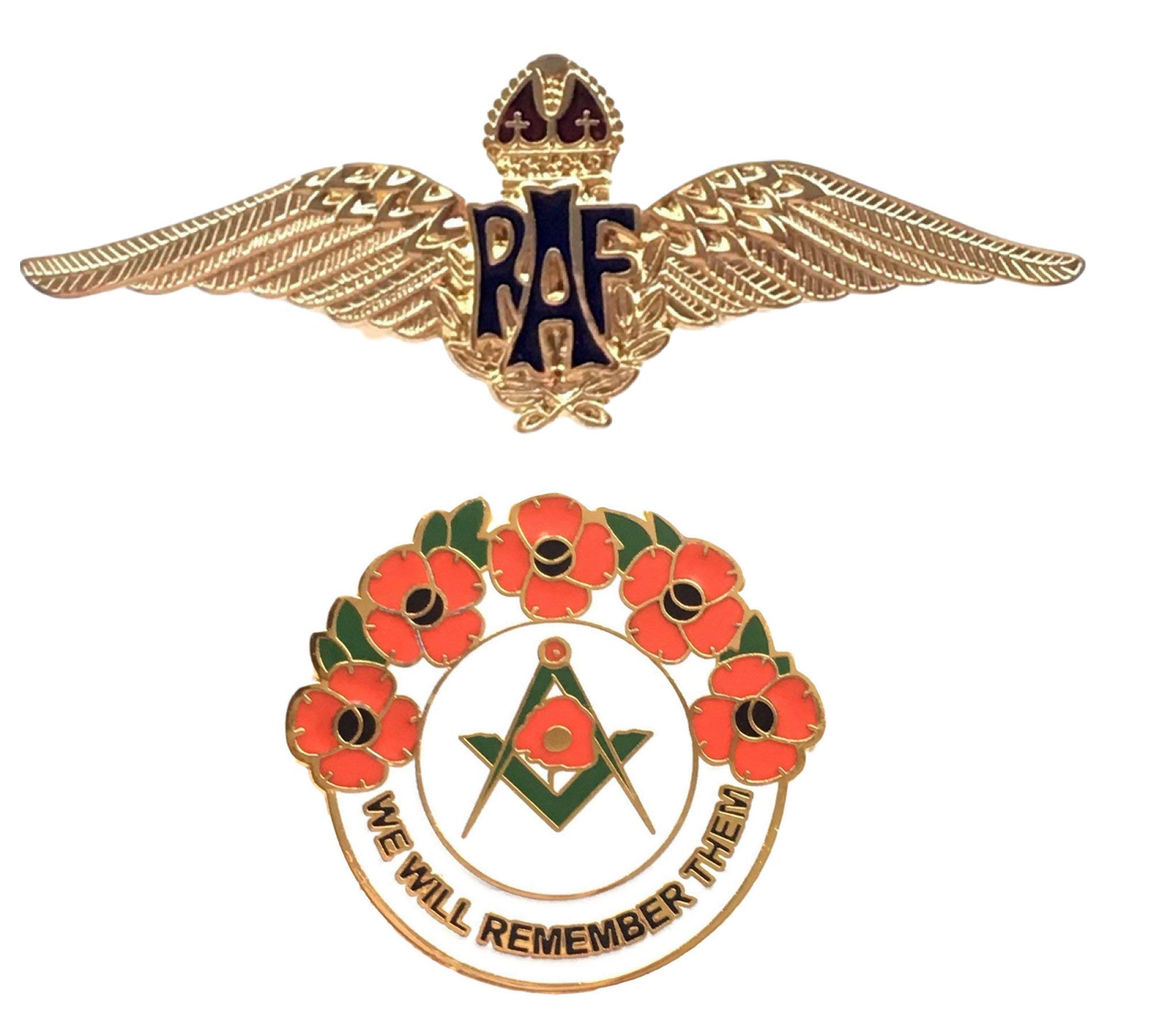 Smartbadge® MOD Approved RAF Royal Air Force Sweetheart Wings Gold Colour Brooch And Masonic We Will Remember Hard Enamel Lapel Pin Badge