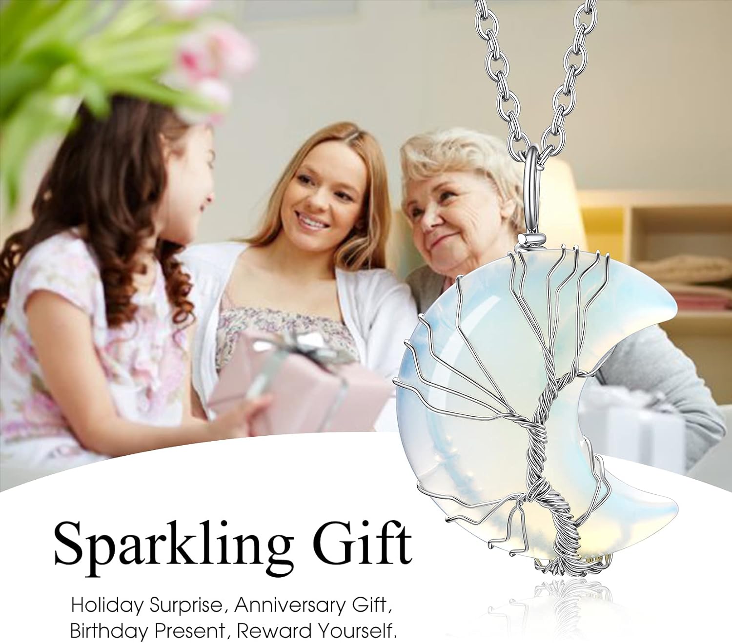 Bestyle Tree of Life Wrapped Healing Crystal Necklaces 12 Month Birthstone Pendant for Women, Crescent/Heart Gemstone Jewelry, Vintage Birthday Gifts/Energy Gift - Image 4