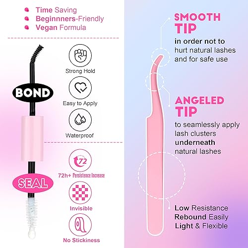 Miniatura 5 de Pawotence Kit de extensiones de pestañas para bricolaje de 0.47-0.70 pulgadas, kit de racimos de pestañas individuales 40D, 280 piezas con enlace de