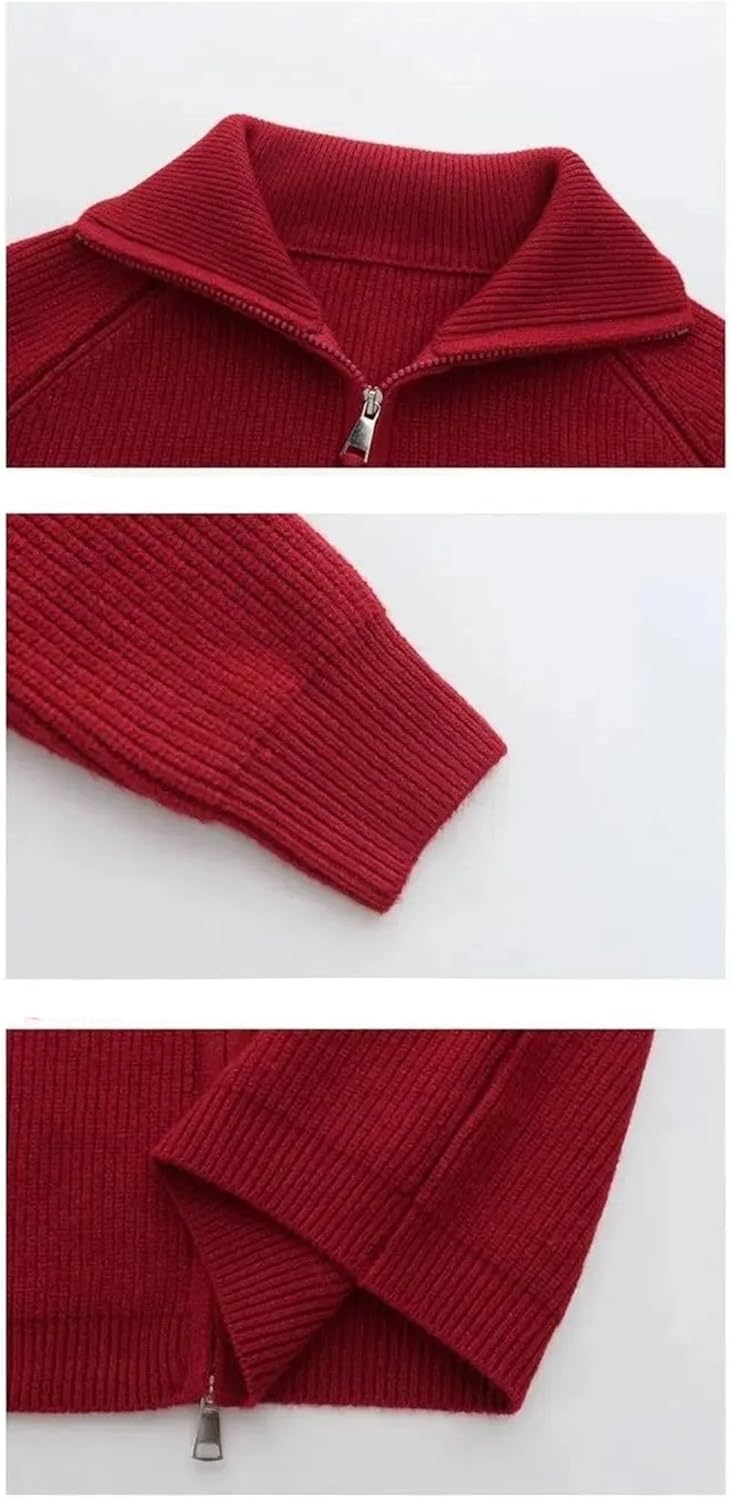 Women's Knitted High Collar Open Sweater ，Double Zipper Turn-Down Collar Outerwear Fashionable Keep Warm Top